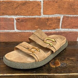 Sartore Women’s Tan Suede Slide Insole Sandals with Gold Accents